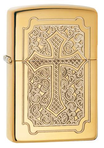 Zippo Lighter - Eccentric Cross High Polish Brass Zippo Zippo   