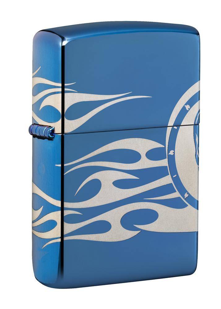 Zippo Lighter - Skull Tattoo w/ Flames High Polish Blue Zippo Zippo   