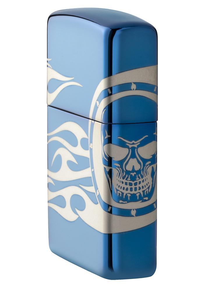 Zippo Lighter - Skull Tattoo w/ Flames High Polish Blue Zippo Zippo   