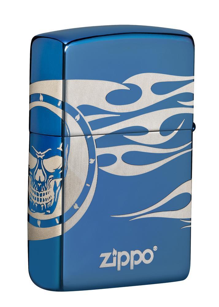 Zippo Lighter - Skull Tattoo w/ Flames High Polish Blue Zippo Zippo   