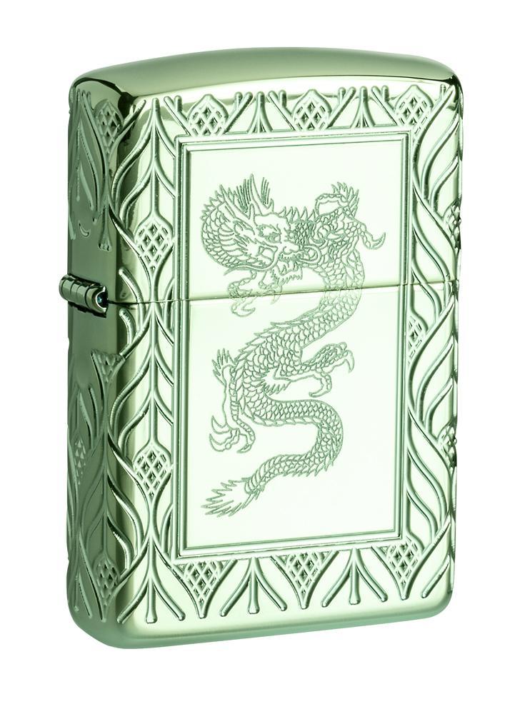 Zippo Lighter - Art Deco Carved Dragon Armor High Polish Green Zippo Zippo   