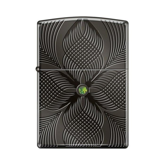 Zippo Lighter - Weave-Deep Carved Armor w/Swarovski Black Armor Chrome Zippo Zippo   