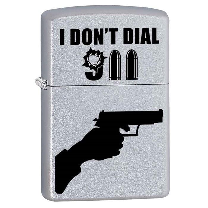 Zippo Lighter - I Don't Dial 911 Satin Chrome Zippo Zippo   