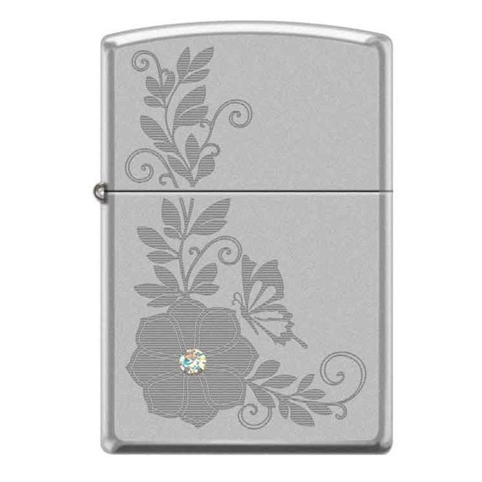 Zippo Lighter - Flower w/ Swarovski Crystal Satin Chrome Zippo Zippo   