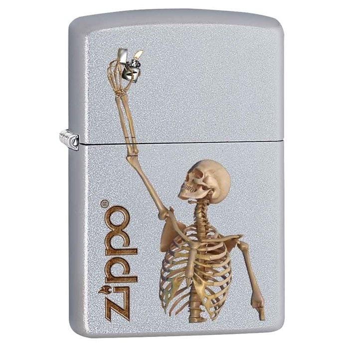 Zippo Lighter - Skeleton Holding Zippo Satin Chrome Zippo Zippo   