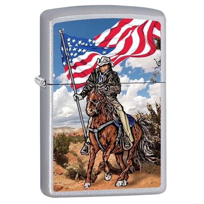 Zippo Lighter - Cowboy on Horse w/ Flag Satin Chrome Zippo Zippo   