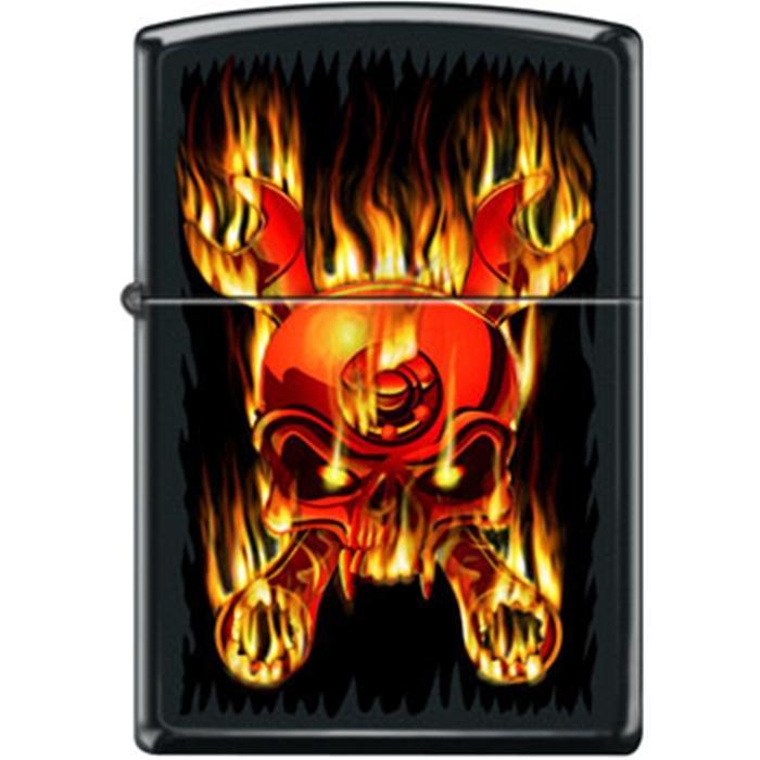 Zippo Lighter - Skull Flaming Wrenched Black Matte Zippo Zippo   