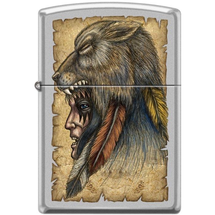 Zippo Lighter - Wolf Headdress Satin Chrome Zippo Zippo   