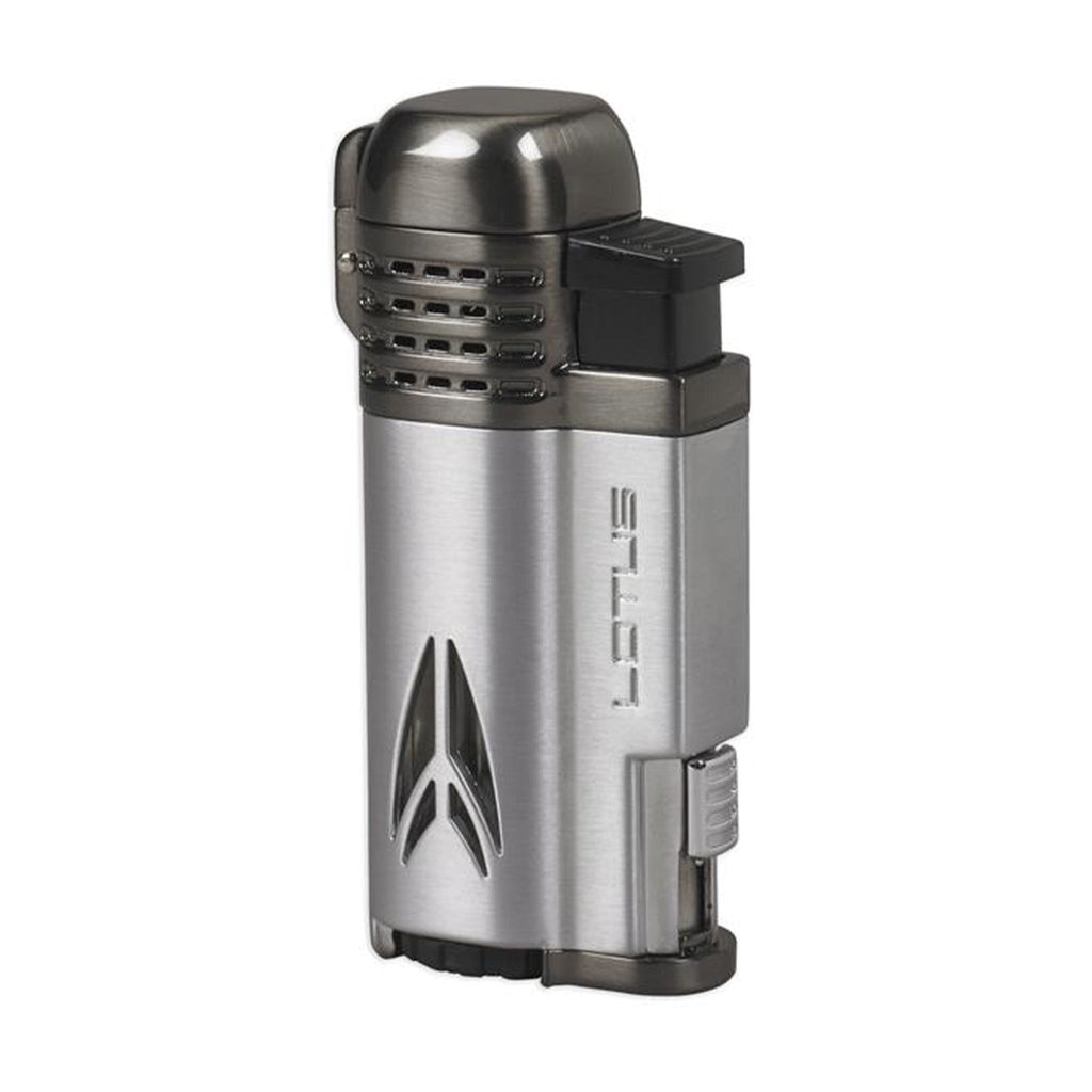 Lotus Lighter Defiant L65 Quad Jet Lighter w/ Cigar Punch Lighter Lotus Chrome Satin w/ Gunmetal  