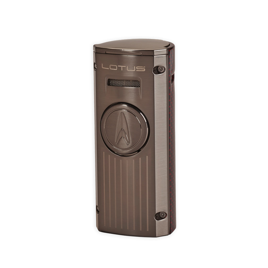 Lotus Minister Quad Flame Table Top Torch Lighter Lighter Lotus Gunmetal & Red Carbon Fiber  