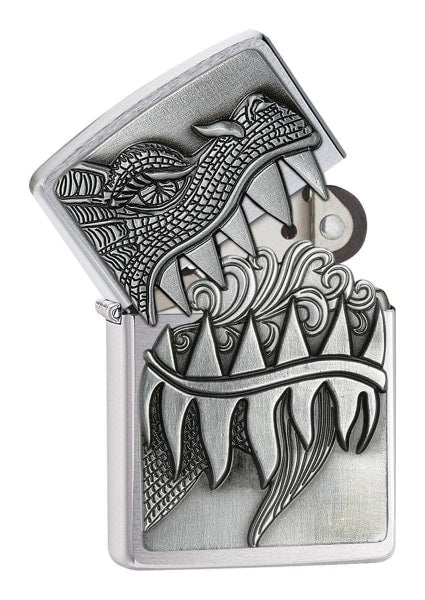 Zippo Lighter - Flaming Dragon Brushed Chrome Zippo Zippo   