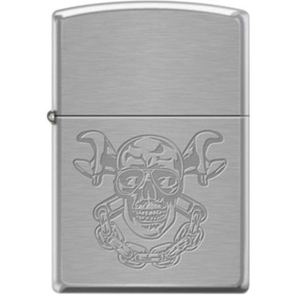 Zippo Lighter - Skull With Wrenches Brushed Chrome Zippo Zippo   